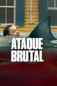 Mulher aterrorizada emerge da água,com barbatana de tubarão. Casa amarela inundada ao fundo e água manchada de vermelho.