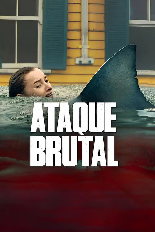 Ataque Brutal 1 Mulher aterrorizada emerge da água,com barbatana de tubarão. Casa amarela inundada ao fundo e água manchada de vermelho.