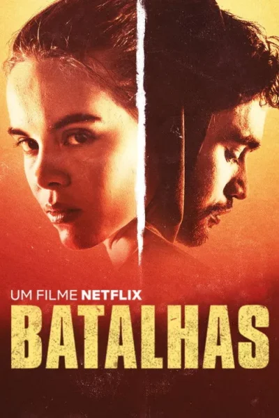 Pôster laranja-avermelhado. Rostos de uma mulher (olhando à frente) e um homem (olhando para baixo), separados por uma linha branca. Clima tenso.
