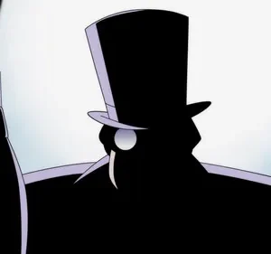 Silhueta escura de figura com cartola, monóculo e guarda-chuva. Um foco de luz ilumina parcialmente, criando um clima misterioso.