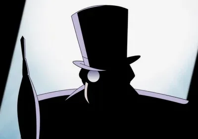 Silhueta escura de figura com cartola, monóculo e guarda-chuva. Um foco de luz ilumina parcialmente, criando um clima misterioso.