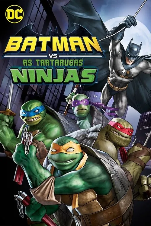 Batman vs. As Tartarugas Ninjas 1 Batman voa sobre quatro tartarugas ninja com máscaras coloridas e armas. Cenário urbano noturno com edifícios e lua cheia. Ação.