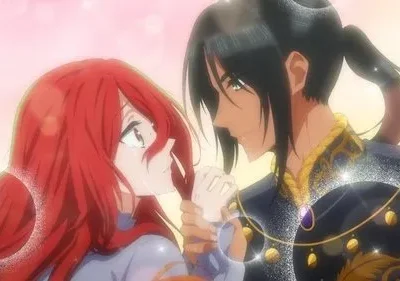Pôster anime: Mulher ruiva chora, amparada por homem em uniforme luxuoso. Fundo etéreo com brilhos. Clima romântico e melancólico.
