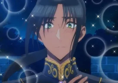 Jovem anime corado em uniforme azul e dourado, sob um céu noturno mágico com estrelas e bolhas brilhantes.