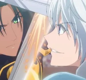 Dois personagens de anime se enfrentam com espadas. Um, de cabelo escuro e pele morena, tem olhar sério; o outro, de cabelo branco, sorriso desafiador. Luta intensa.