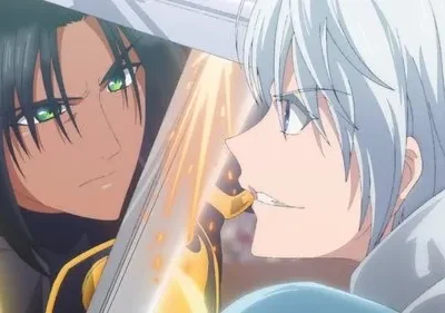 Dois personagens de anime se enfrentam com espadas. Um, de cabelo escuro e pele morena, tem olhar sério; o outro, de cabelo branco, sorriso desafiador. Luta intensa.