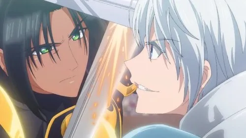 Betrothed to My Sister's Ex – T01E05:O príncipe e o guerreiro todo de preto 1 Dois personagens de anime se enfrentam com espadas. Um,de cabelo escuro e pele morena,tem olhar sério;o outro,de cabelo branco,sorriso desafiador. Luta intensa.