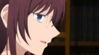 Close-up de personagem anime feminina com óculos e cabelo castanho-avermelhado. Ela sorri suavemente. Ao fundo, estantes de livros escuras.