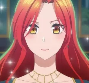Mulher de anime, cabelo ruivo vibrante e olhos dourados, sorri docemente com um leve rubor. Colar dourado e brilhos cintilam ao redor.