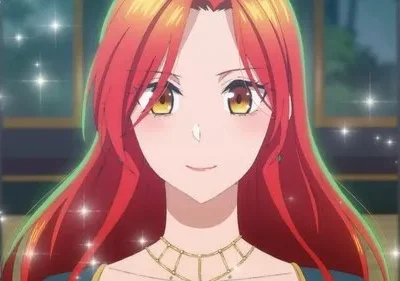 Mulher de anime, cabelo ruivo vibrante e olhos dourados, sorri docemente com um leve rubor. Colar dourado e brilhos cintilam ao redor.