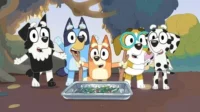 Cinco cães animados, incluindo um dálmata e um border collie, brincam em um parque. Eles olham animados para um prato de vegetais.