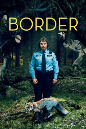 Mulher de uniforme em floresta sombria e musgosa, cercada por animais selvagens: coruja, veado, alce, raposa e aves.