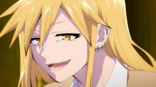 Close-up de mulher anime loira de olhos dourados e sorriso malicioso com presa. Ela tem cabelo espetado e piercings na orelha.