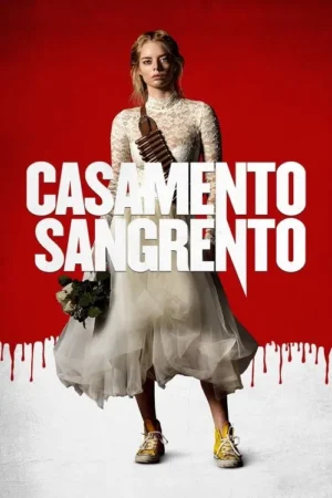 Uma mulher loira de vestido de noiva, cinto de balas, buquê e tênis. Fundo vermelho com sangue escorrendo, clima tenso.