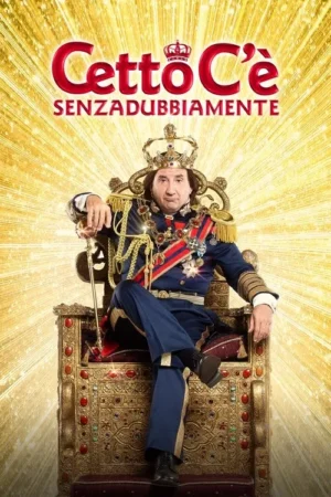 Um homem de coroa e uniforme militar luxuoso, com expressão divertida, senta em trono dourado. Fundo com raios dourados.