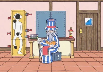 Homem idoso, estilo Tio Sam, lê um livro sentado. À esquerda, uma caixa com silhueta humana esfaqueada. Ambiente surreal e misterioso.
