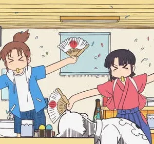 Duas figuras anime alegres dançam com leques japoneses e confetes em uma sala caótica. Uma pessoa dorme na mesa. Clima festivo e divertido.