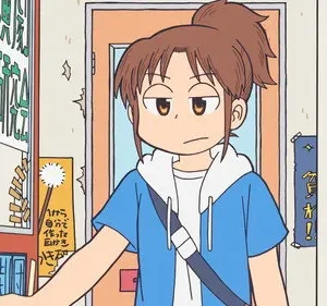 Personagem de anime com rabo de cavalo e moletom azul, olhando com tédio em rua com letreiros japoneses.