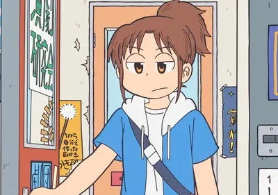 Personagem de anime com rabo de cavalo e moletom azul, olhando com tédio em rua com letreiros japoneses.