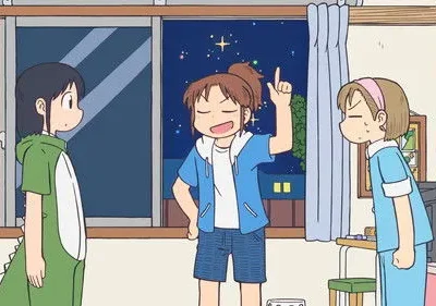 Três garotas de anime em um quarto à noite. Uma de dinossauro, outra apontando animada, e uma terceira entediada. Céu estrelado na janela.