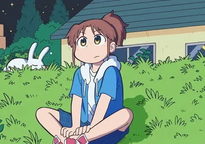 Anime: Uma garota de cabelo marrom e olhos grandes senta na grama à noite, pensativa. Um coelho branco dorme em arbustos próximos. Clima sereno.