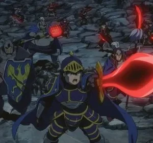 Vários guerreiros em armaduras medievais com armas vermelhas brilhantes, incluindo uma espada grande, em um terreno rochoso escuro. Clima de batalha.