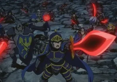 Vários guerreiros em armaduras medievais com armas vermelhas brilhantes, incluindo uma espada grande, em um terreno rochoso escuro. Clima de batalha.