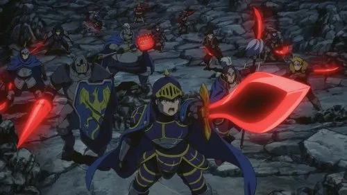 Vários guerreiros em armaduras medievais com armas vermelhas brilhantes,incluindo uma espada grande,em um terreno rochoso escuro. Clima de batalha.