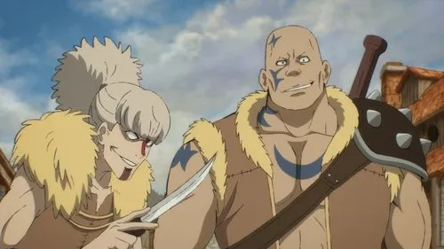 Dois personagens de anime. Um esguio com faca e sorriso malicioso,e outro musculoso e careca com espada. Fundo de vila.