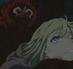 Uma garota loira ferida olha com medo para uma criatura demoníaca vermelha com chifres que brilha na escuridão.