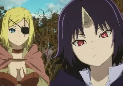 Duas personagens de anime sérias. Uma loira com tapa-olho e cicatriz, e uma de cabelo escuro com chifre e olhos vermelhos, em floresta.
