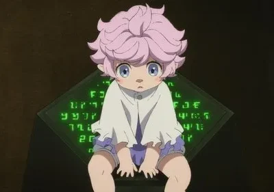 Criança anime de cabelo rosa e olhos grandes, sentada curiosa. Fundo escuro com tela exibindo símbolos verdes brilhantes.