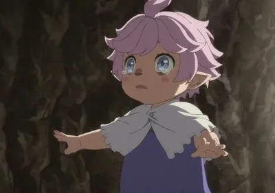 Criança elfo de cabelo lilás chora, estendendo os braços em uma caverna escura e rochosa. Expressão angustiada.