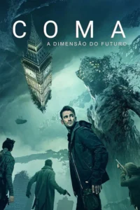 Homem assustado e figuras armadas encaram uma criatura monstruosa e o Big Ben invertido em uma cidade em ruínas. Clima sombrio de ficção científica.