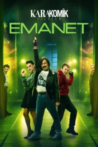 Pôster:Cinco pessoas em um palco iluminado de verde. Um roqueiro com jaqueta de couro e bigode ergue o braço,com outros artistas e observadores. Clima divertido.