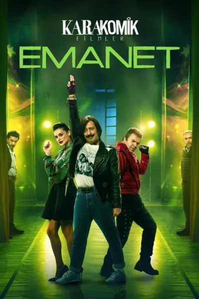 Pôster: Cinco pessoas em um palco iluminado de verde. Um roqueiro com jaqueta de couro e bigode ergue o braço, com outros artistas e observadores. Clima divertido.