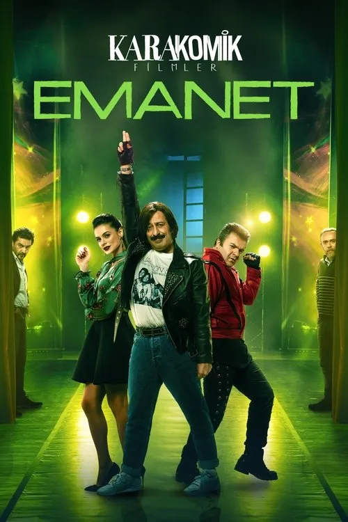 Pôster:Cinco pessoas em um palco iluminado de verde. Um roqueiro com jaqueta de couro e bigode ergue o braço,com outros artistas e observadores. Clima divertido.