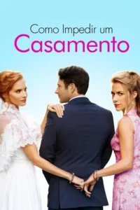 Um homem de terno entre duas mulheres,uma de noiva e outra de rosa. Elas seguram as mãos dele por trás,em divertida comédia romântica.