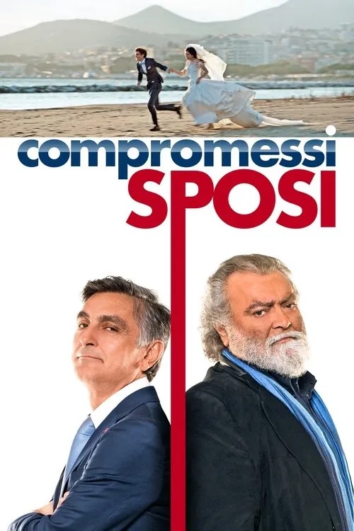 Compromessi sposi 1 Casal de noivos correndo na praia. Abaixo,dois homens mais velhos,um de terno e outro barbudo,de costas e irritados.
