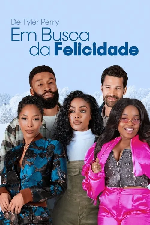 Cinco pessoas em roupas coloridas posam contra um fundo de inverno nevado. Uma mulher sorri amplamente com óculos rosa.