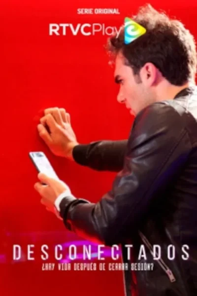 Homem de perfil, jaqueta preta, pressiona a mão na parede vermelha e olha um celular. Fundo vermelho intenso, sensação de urgência.