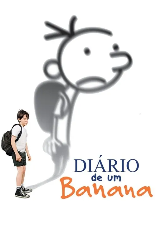 Diário de um Banana 1 Um menino com mochila e tênis olha para uma figura cartunesca de traço simples,com nariz grande,que surge como sua sombra.