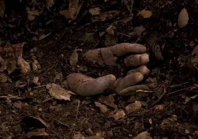 Mão suja e pálida emerge da terra escura com folhas secas. Cena sombria e macabra, indicando mistério ou terror.