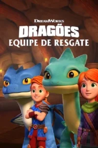 Pôster animado com dois dragões amigáveis (azul e verde-água) e dois jovens ruivos (menino e menina) sorrindo em um cenário rústico.
