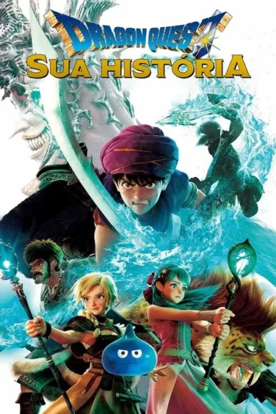 Pôster de fantasia. Herói com turbante e espada cercado por aliados e monstros, incluindo um slime azul, em meio a energia mística.