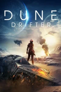 Pôster sci-fi: Figura em traje espacial com arma sobre nave acidentada em deserto. Naves voam sob céus com planetas, fogo ao fundo.