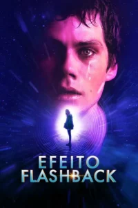 Rosto masculino chorando em tons roxos,sobre fundo espacial. Abaixo,uma mulher de costas em túnel de luz. Clima misterioso.