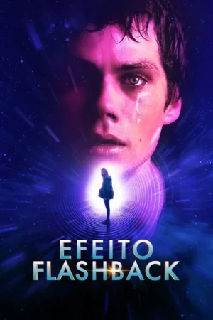 Rosto masculino chorando em tons roxos, sobre fundo espacial. Abaixo, uma mulher de costas em túnel de luz. Clima misterioso.
