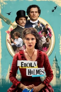 Pôster vintage. Jovem em vestido vermelho no centro, homens em trajes vitorianos acima. Big Ben e vários personagens em um círculo ao fundo. Clima de aventura histórica.