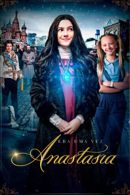 Jovem com pingente azul mágico,menina moderna e homens históricos. Cenários da Rússia nevada e uma cidade atual se fundem.